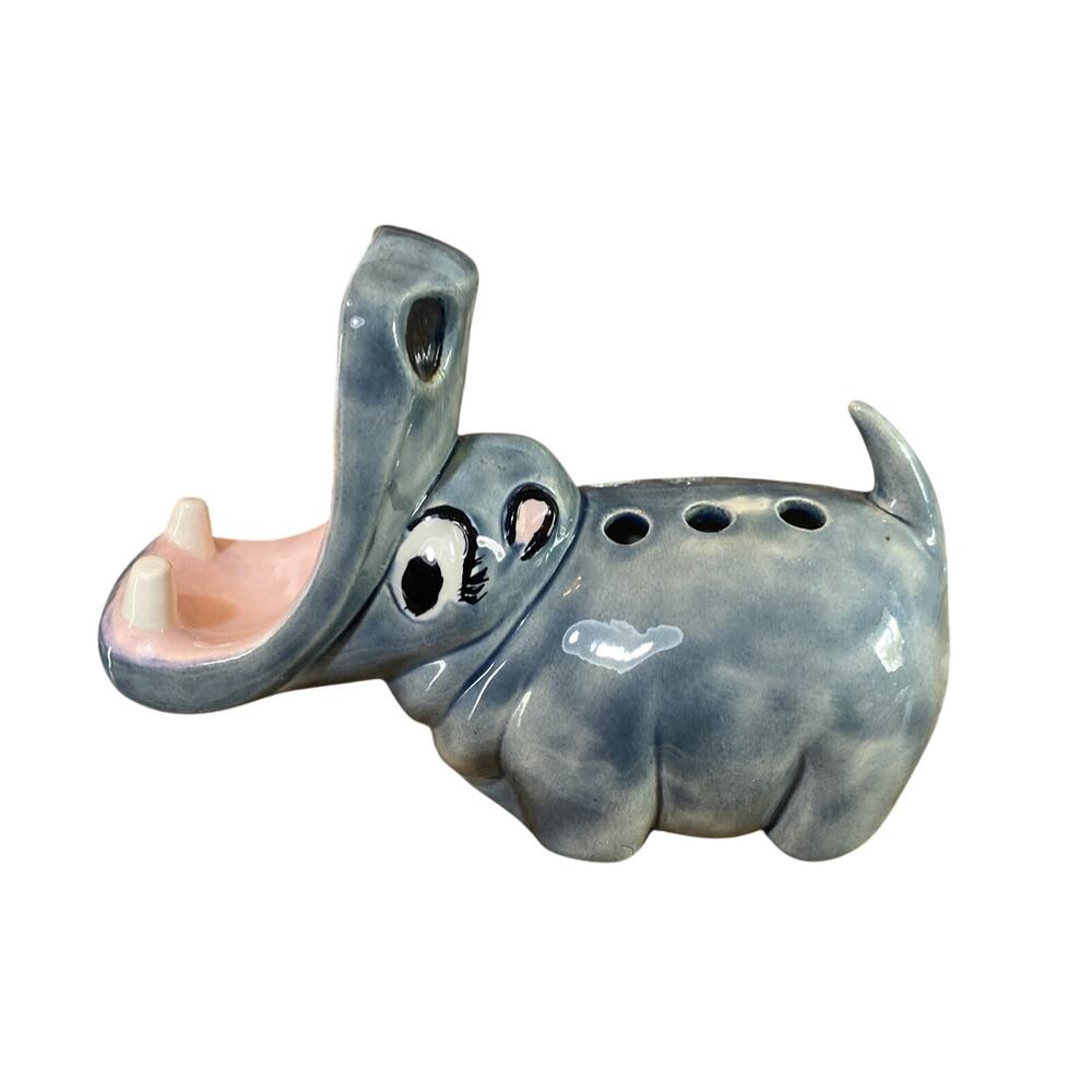 Vintage 1980s Ceramic Hippopotamus Flower Frog 8.25” Gray Studio Pottery